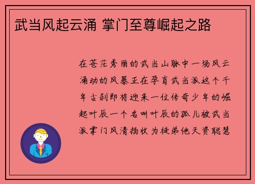 武当风起云涌 掌门至尊崛起之路